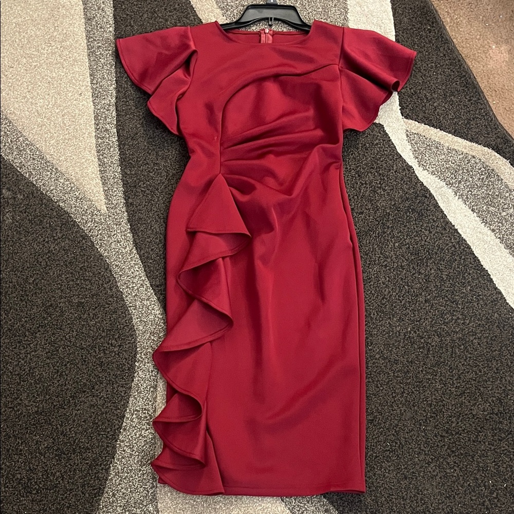 Burgundy Ruffle Bodycon Midi Dress Flutter Sleeve Formal